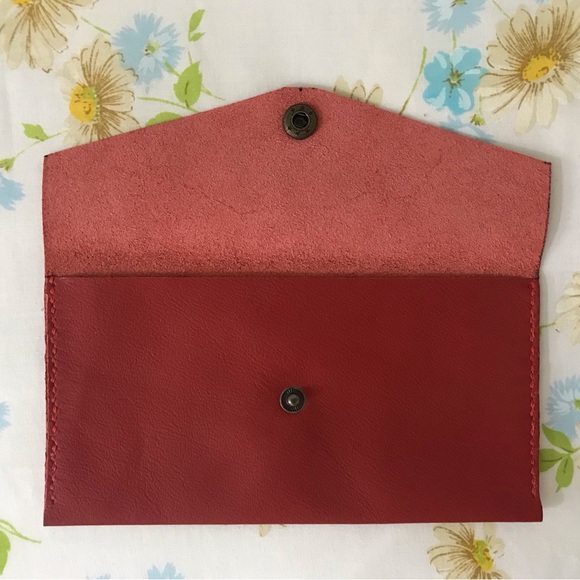 Handmade Genuine Leather Red Wallet Clutch with Gold Button - Picture 3 of 5